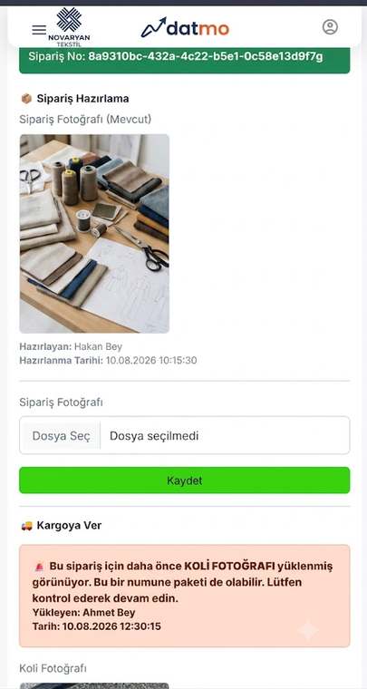 Datmo mobil sipariş hazırlama ekranı
