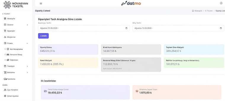 Datmo sipariş listesi ve net kâr hesaplaması